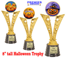8" tall  Halloween  theme trophy.  Choice of art work.  9 designs available.  91546