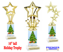 Holiday Tree theme trophy. Choice of figure.  10" tall - Great for all of your holiday events and contests. 1