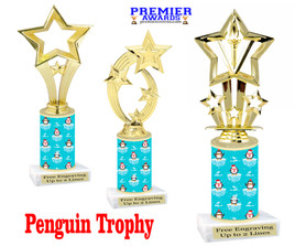 Penguin theme trophy. Choice of figure.  10" tall - Great for all of your holiday events and contests.  sub 2