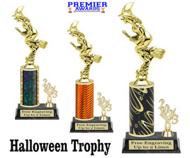 Halloween theme trophy with CURRENT year.  Choice of column and trophy height.  9 designs available.  Retro Witch