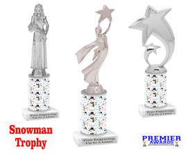 Snowman theme trophy. Choice of figure.  10" tall - Great for all of your holiday events and contests. Silver 3