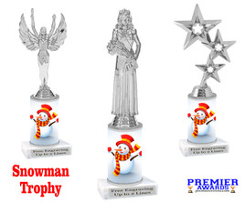 Snowman theme trophy. Choice of figure.  10" tall - Great for all of your holiday events and contests. Silver 5