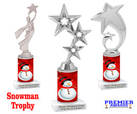 Snowman theme trophy. Choice of figure.  10" tall - Great for all of your holiday events and contests. Silver 6