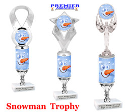 Snowman theme trophy. Choice of figure.  12" tall - Great for all of your holiday events and contests. silver stem 4