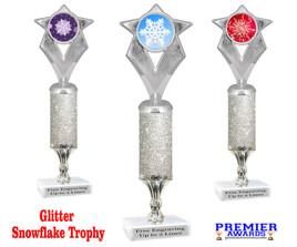 Snowflake theme trophy. Choice of artwork.  12" tall with silver glitter column - Great for all of your holiday events and contests.  5086s