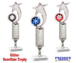 Snowflake theme trophy. Choice of artwork.  12" tall with silver glitter column - Great for all of your holiday events and contests.  6061s