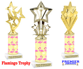 Flamingo  trophy with choice of trophy height and figure.  Bring a little tropical flair to your next event.  Height starts at 10" tall.(new002