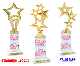 Flamingo  trophy with choice of trophy height and figure.  Bring a little tropical flair to your next event.  Height starts at 10" tall.(new003