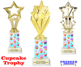 Cupcake theme  trophy.  11" tall  with choice of figure. Great for your pageants, cupcake wars, contests and more... (003