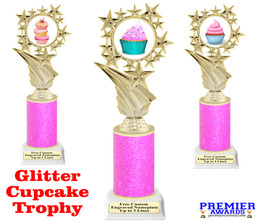 Cupcake themed trophy.  Neon Pink Glitter column with choice of cupcake artwork.  Great for your Cupcake Wars, pageants, baking contests and more.  696