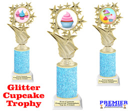 Cupcake themed trophy.  Light Blue Glitter column with choice of cupcake artwork.  Great for your Cupcake Wars, pageants, baking contests and more.  696