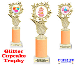 Cupcake themed trophy.  Neon Orange Glitter column with choice of cupcake artwork.  Great for your Cupcake Wars, pageants, baking contests and more.  696