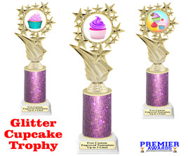 Cupcake themed trophy.  Purple Glitter column with choice of cupcake artwork.  Great for your Cupcake Wars, pageants, baking contests and more.  696