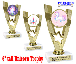 UNICORN TROPHY WITH 9 DESIGNS AVAILABLE AND CHOICE OF BASE. 6" TALL.  90786