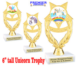 UNICORN TROPHY WITH 9 DESIGNS AVAILABLE AND CHOICE OF BASE. 6" TALL.  ph97