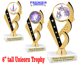 UNICORN TROPHY WITH 9 DESIGNS AVAILABLE AND CHOICE OF BASE. 6" TALL.  ph104