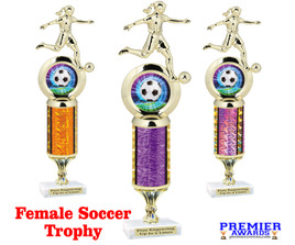 Female Soccer trophy on choice of column.  Starts at 10" tall.  Great trophy for your soccer team, schools and rec departments - 5714