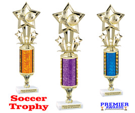 Soccer trophy on choice of column.  Starts at 10" tall.  Great trophy for your soccer team, schools and rec departments - 756