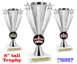 Crown Theme trophy.  8" tall. Great trophy for your pageants, events, contests and more! Silver Cup