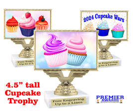 Cupcake themed trophy.  4.5" tall with choice of cupcake artwork.  Includes free engraved trophy plate   (676