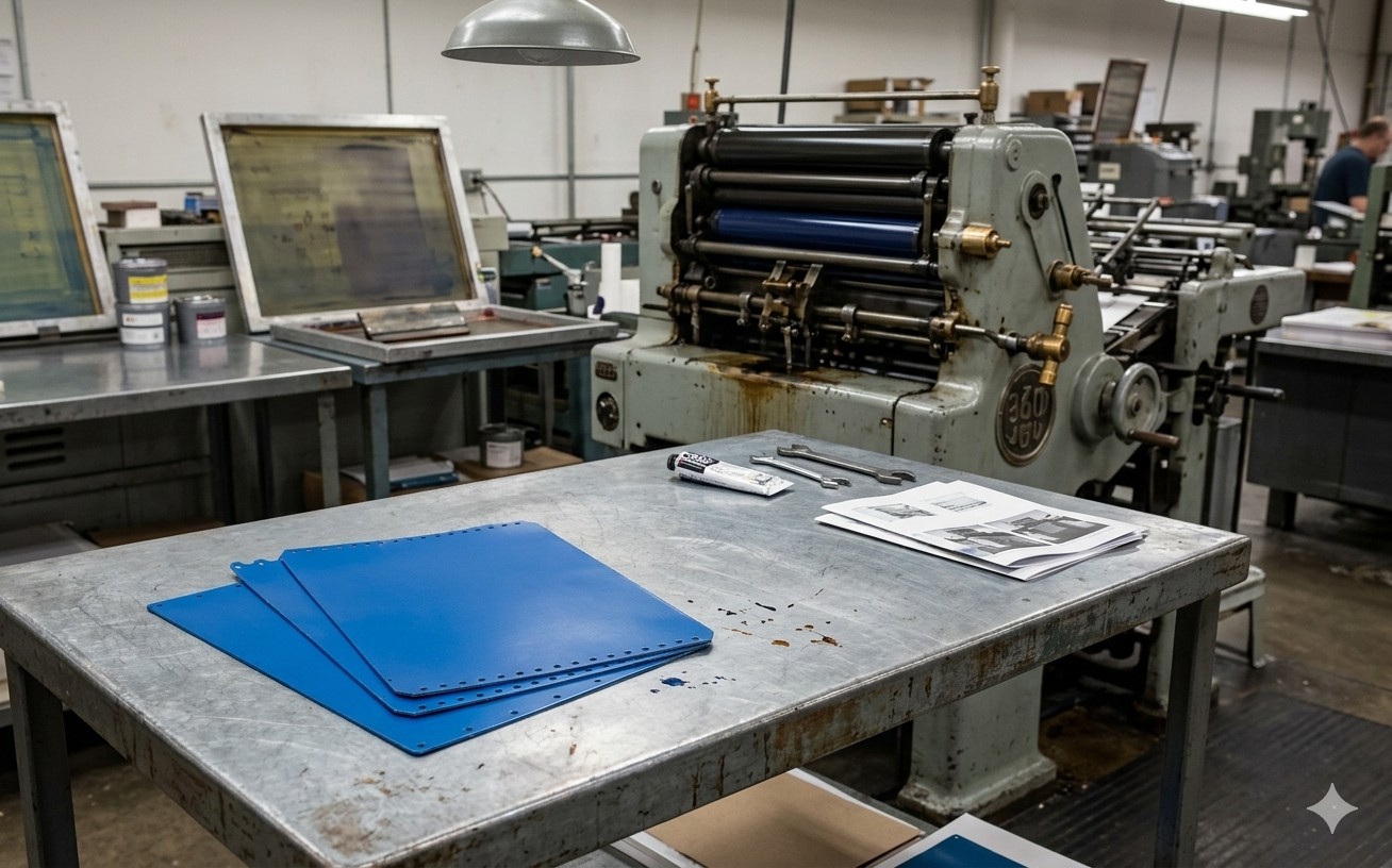 lithco blue blankets in an offset print shop