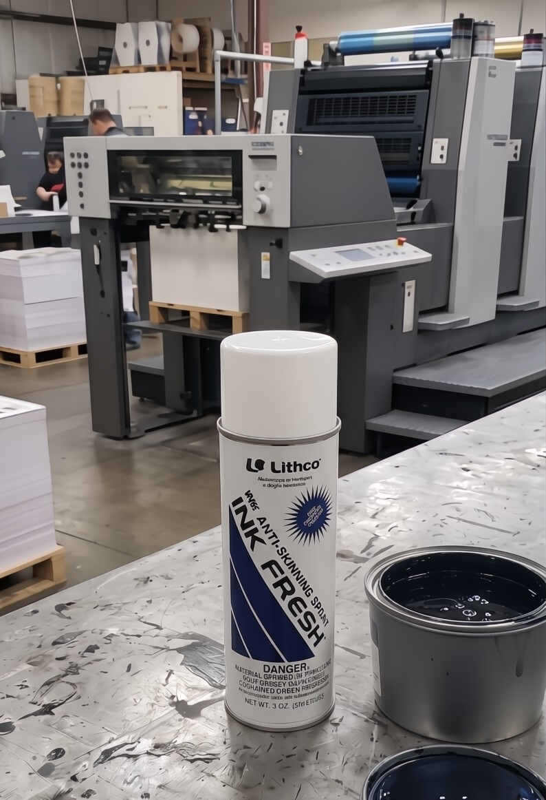 lithco ink fresh aerosol spray can on table in offset pressroom
