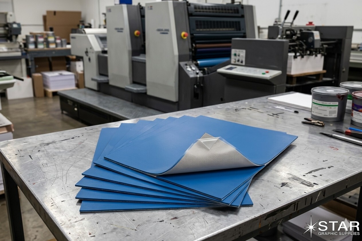 sticky-back offset blankets on table in print shop