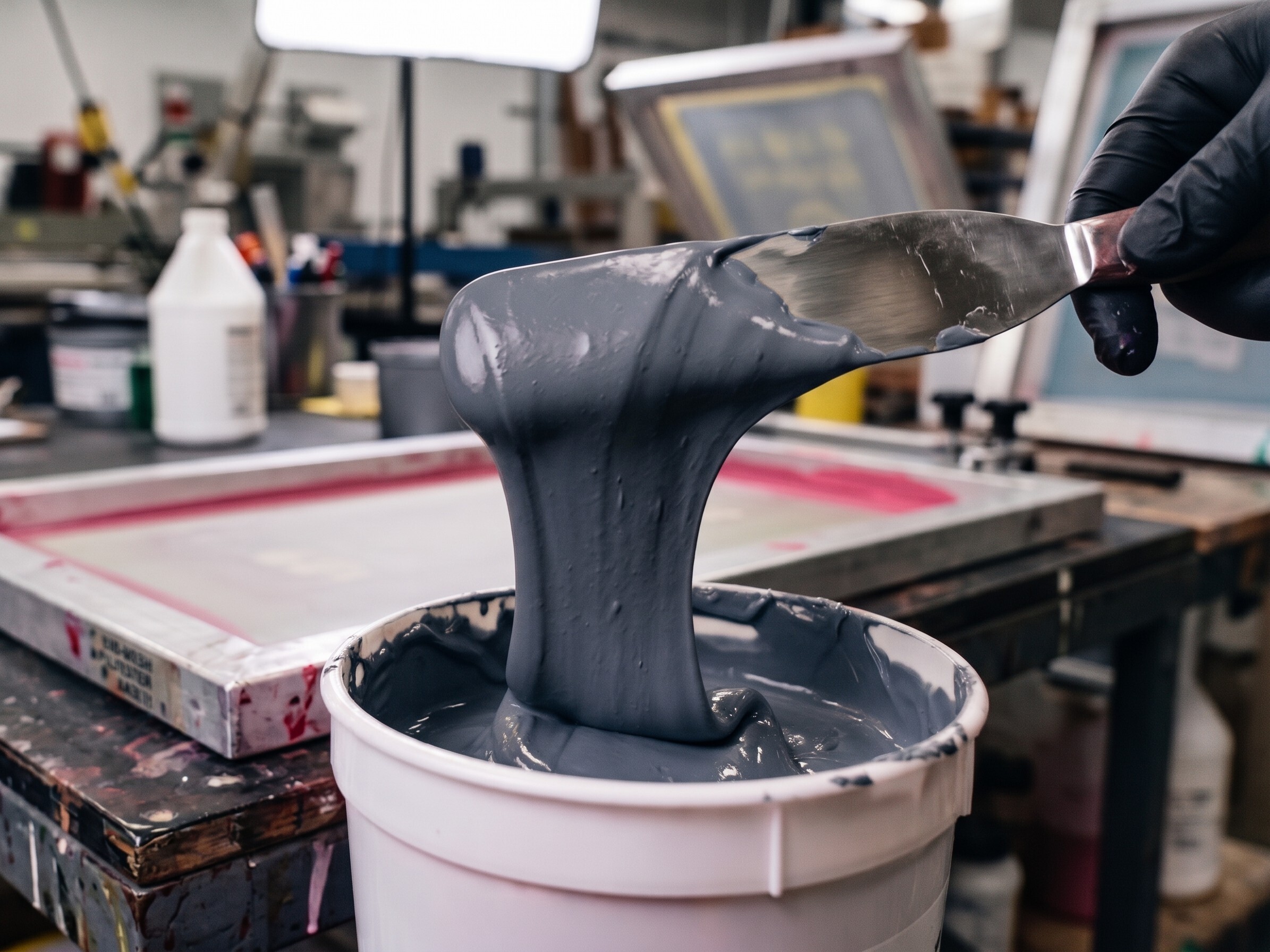 Texsource GEN Series Dark Gray 11460 plastisol ink lifted with stainless spatula showing buttery viscosity and PMS Cool Gray 10C tone