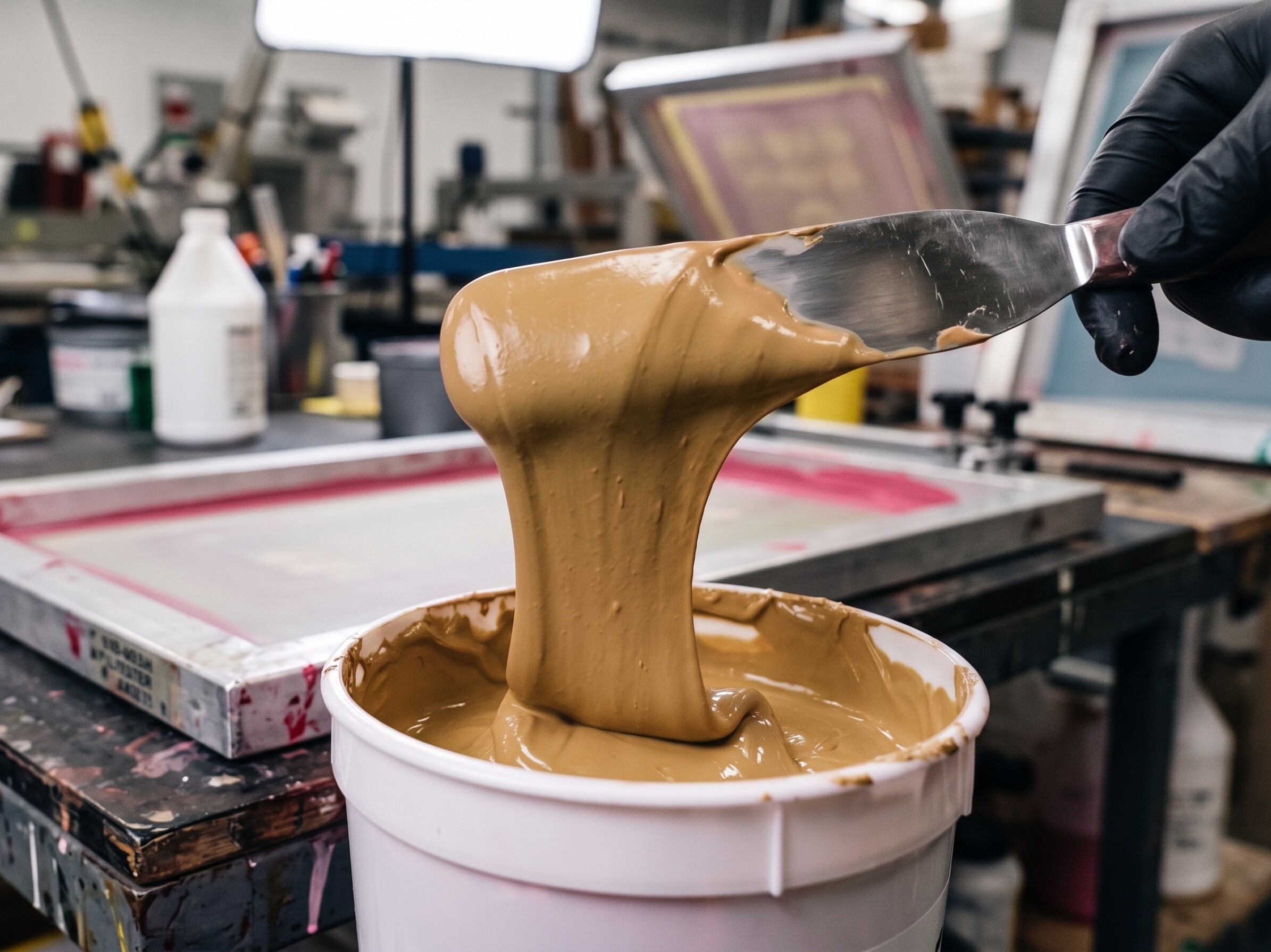 Texsource GEN Series Rebel Flesh 11260 plastisol ink lifted with stainless spatula showing buttery viscosity and PMS 3596C tone