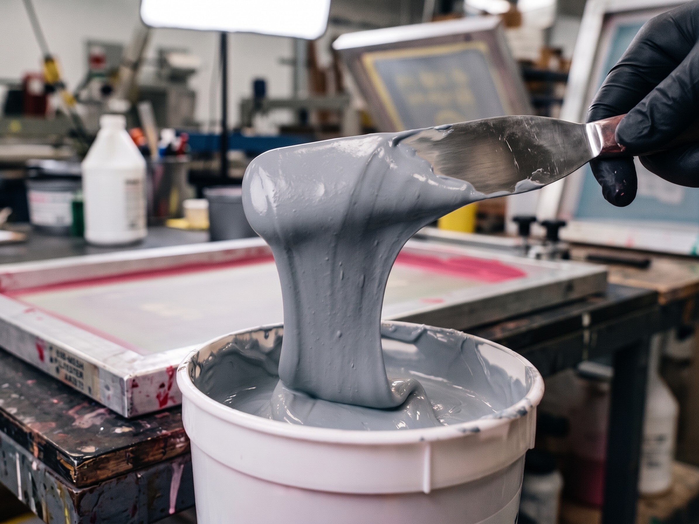 Texsource GEN Series Russell Gray 11300 plastisol ink lifted with stainless spatula showing buttery viscosity and PMS Cool Gray 4C tone