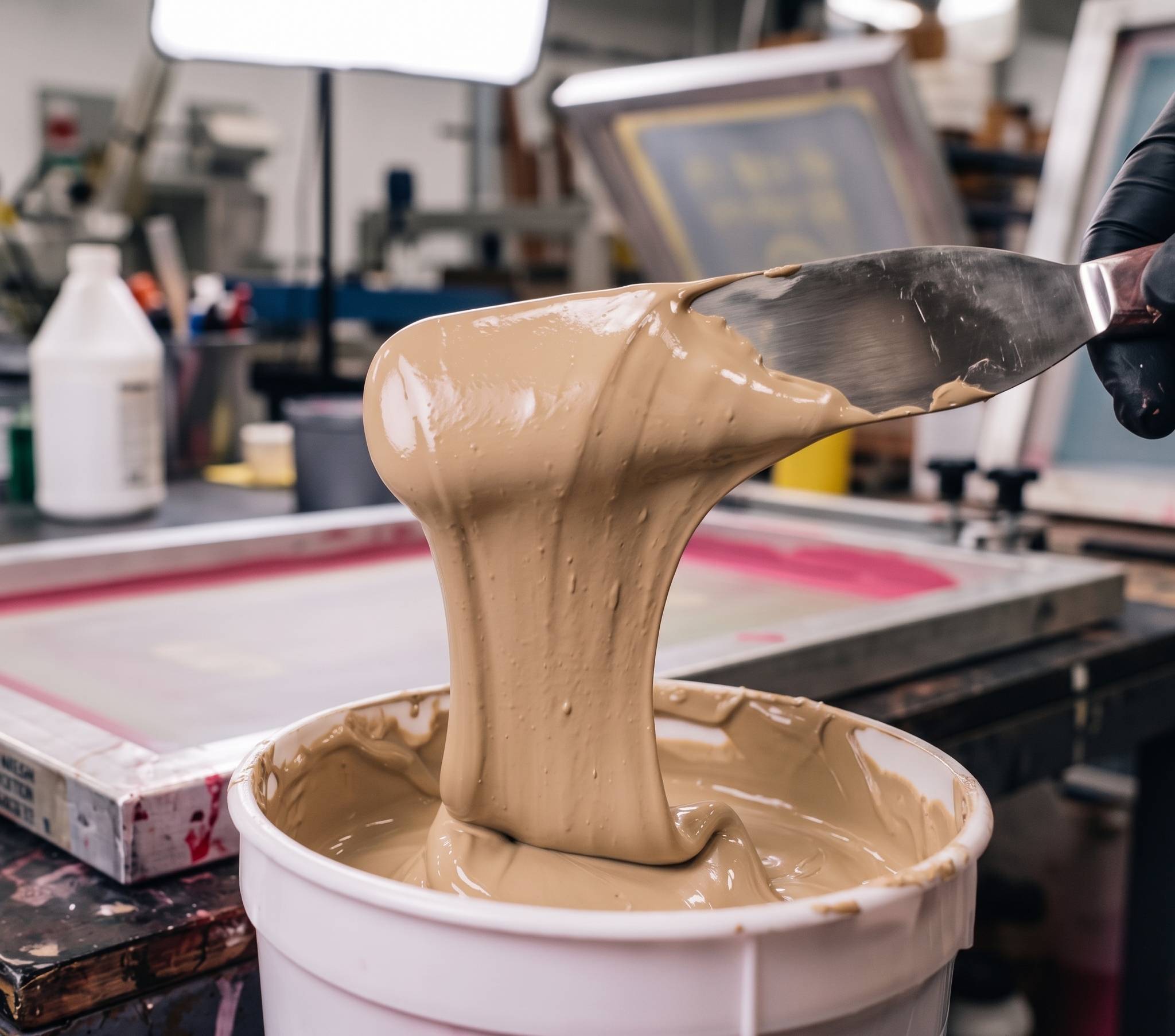 Texsource GEN Series Sand 12400 plastisol ink lifted with stainless spatula showing buttery viscosity and PMS 4249C tone