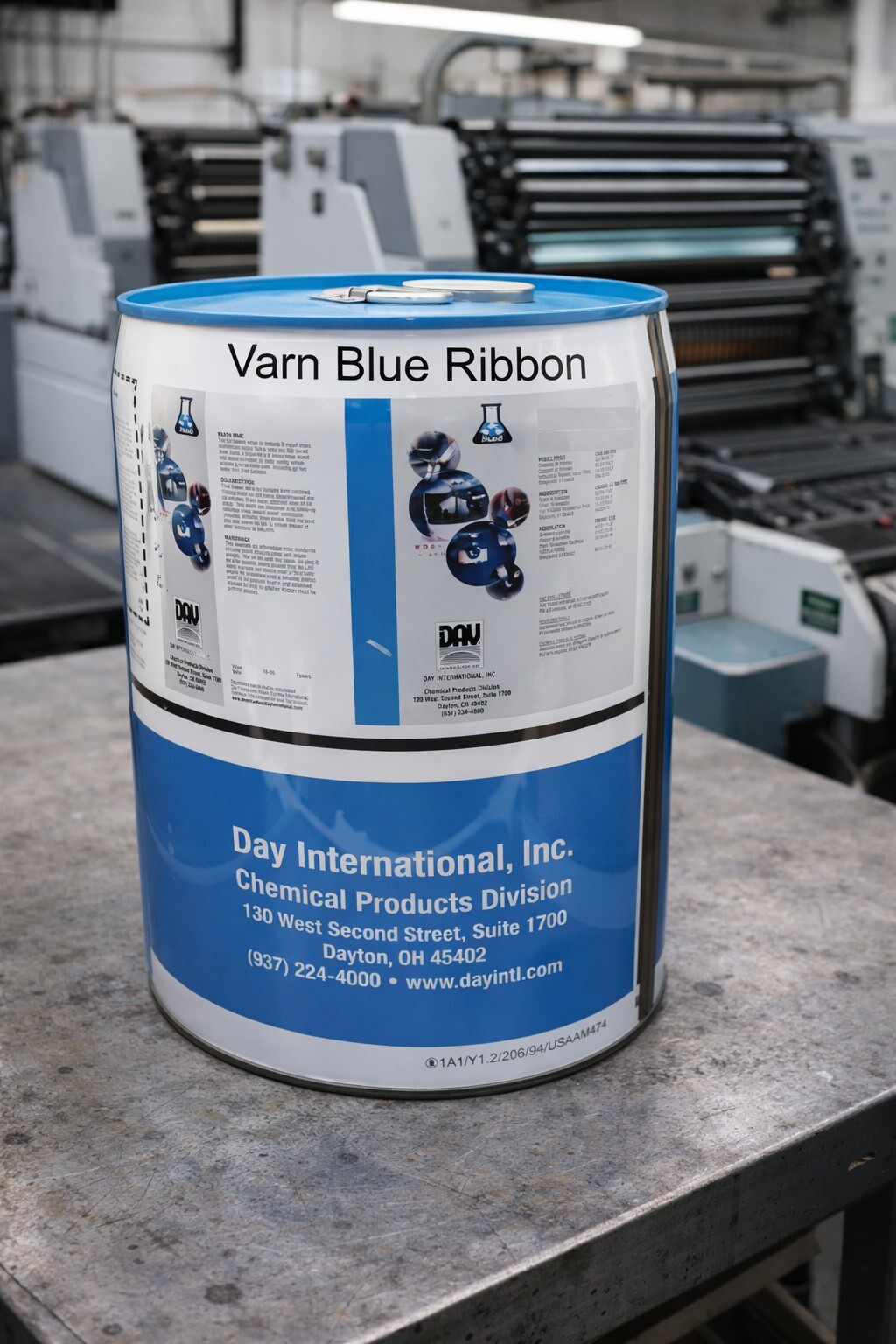 varn blue ribbon press wash on a table in a offset pressroom