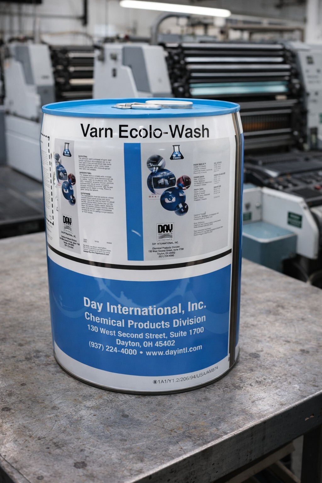 varn ecolo wash press wash 5 gal pail on a table in a offset pressroom