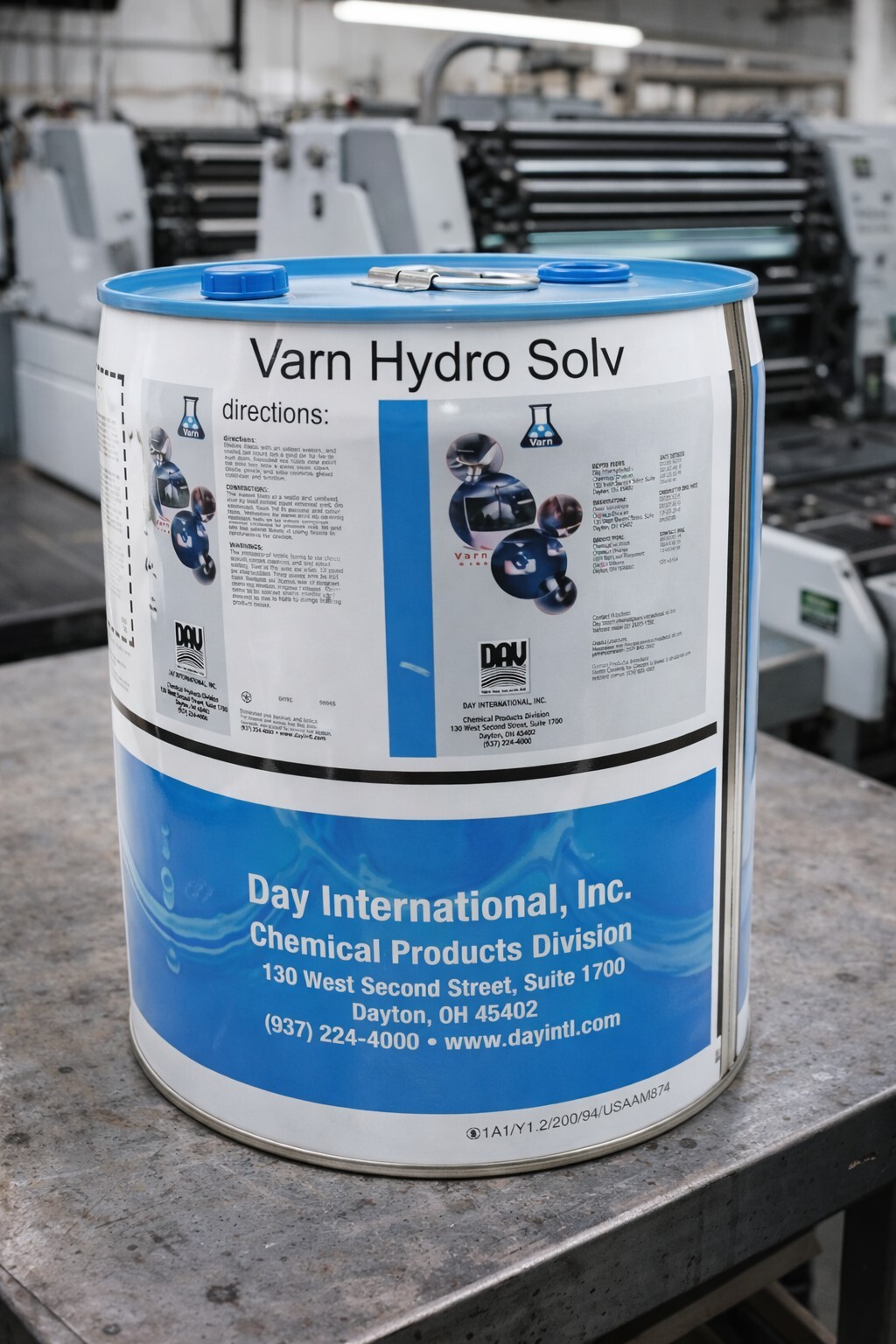 varn hydro-solv press wash in 5 gal pail on a table in an offset pressroom