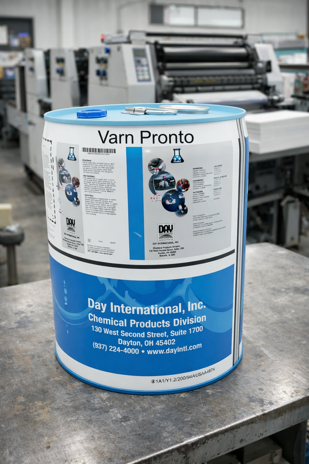 varn pronto press wash in a 5 gal pail on a table in a offset pressroom