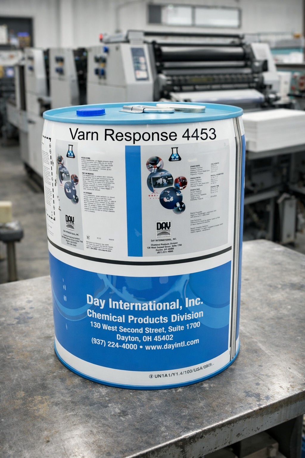 varn response 4453 press wash in a 5 gal pail on a table in an offset printshop