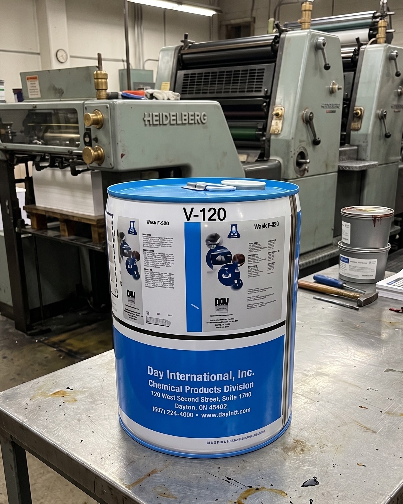 varn v-120 press wash in 5 gallon pail on a table in offset pressroom