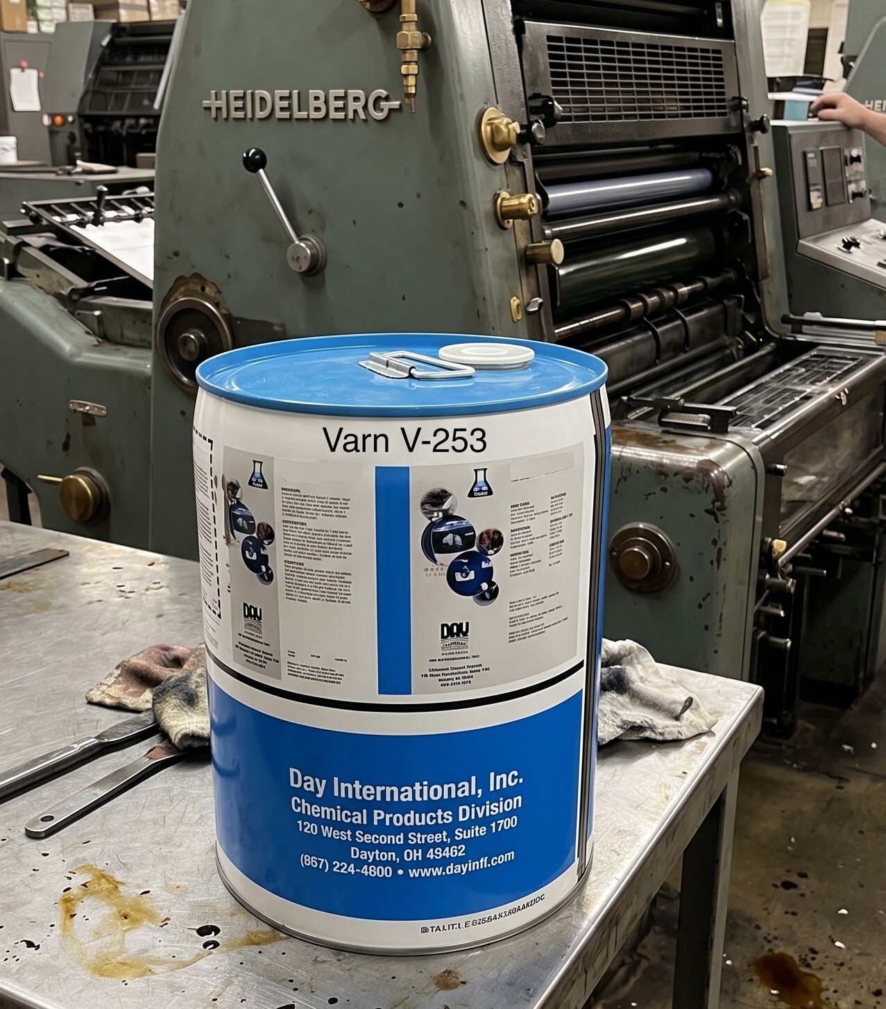 varn v-253 press wash 5 gallon pail on table in pressroom