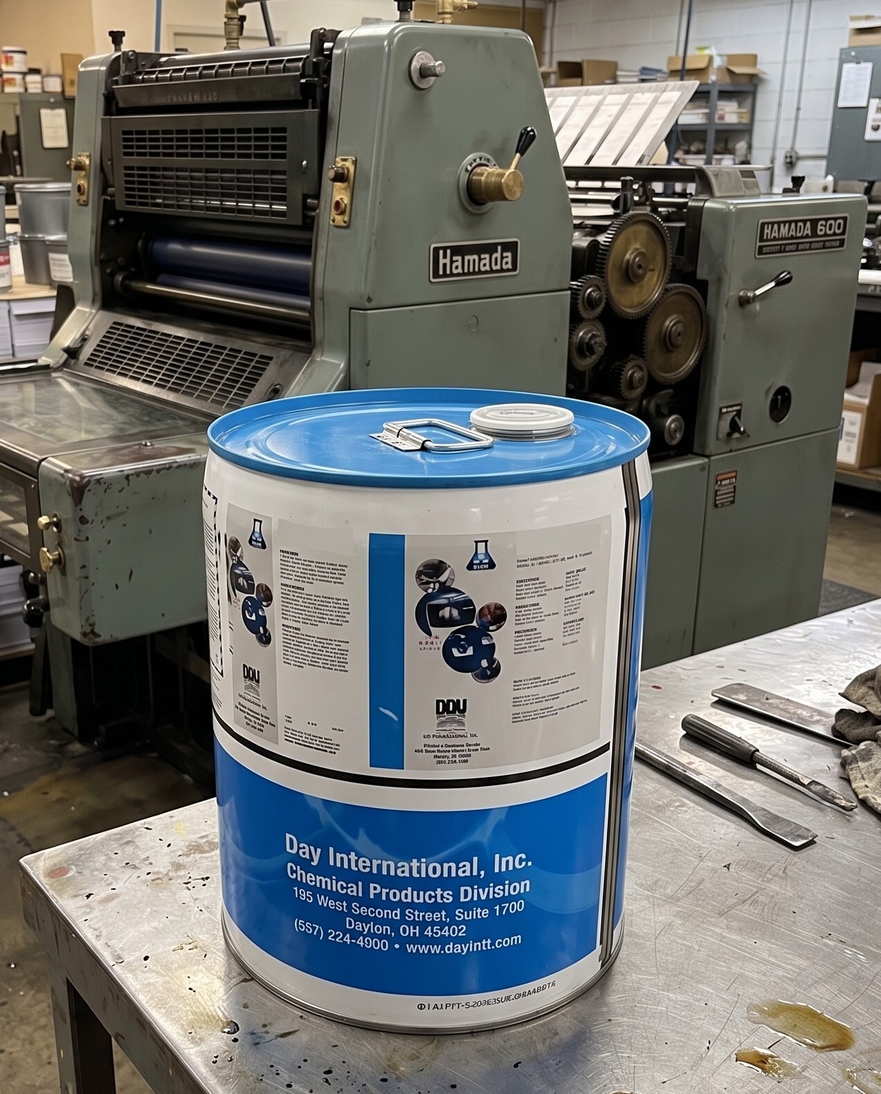 varn v-60 plus press wash 5 gallon pail on table in offset pressroom