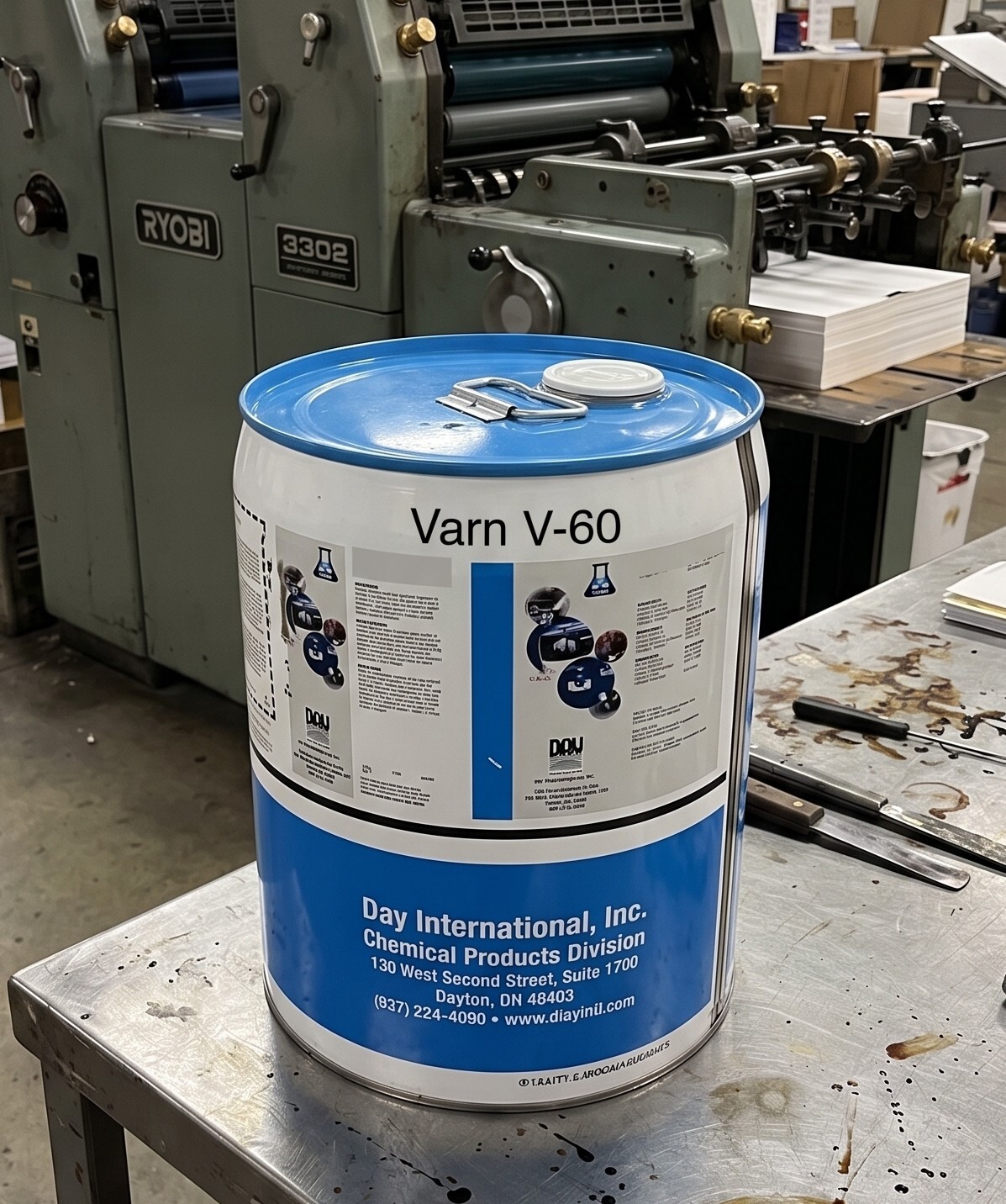 varn v-60 press wash 5 gallon pail on table in offset pressroom