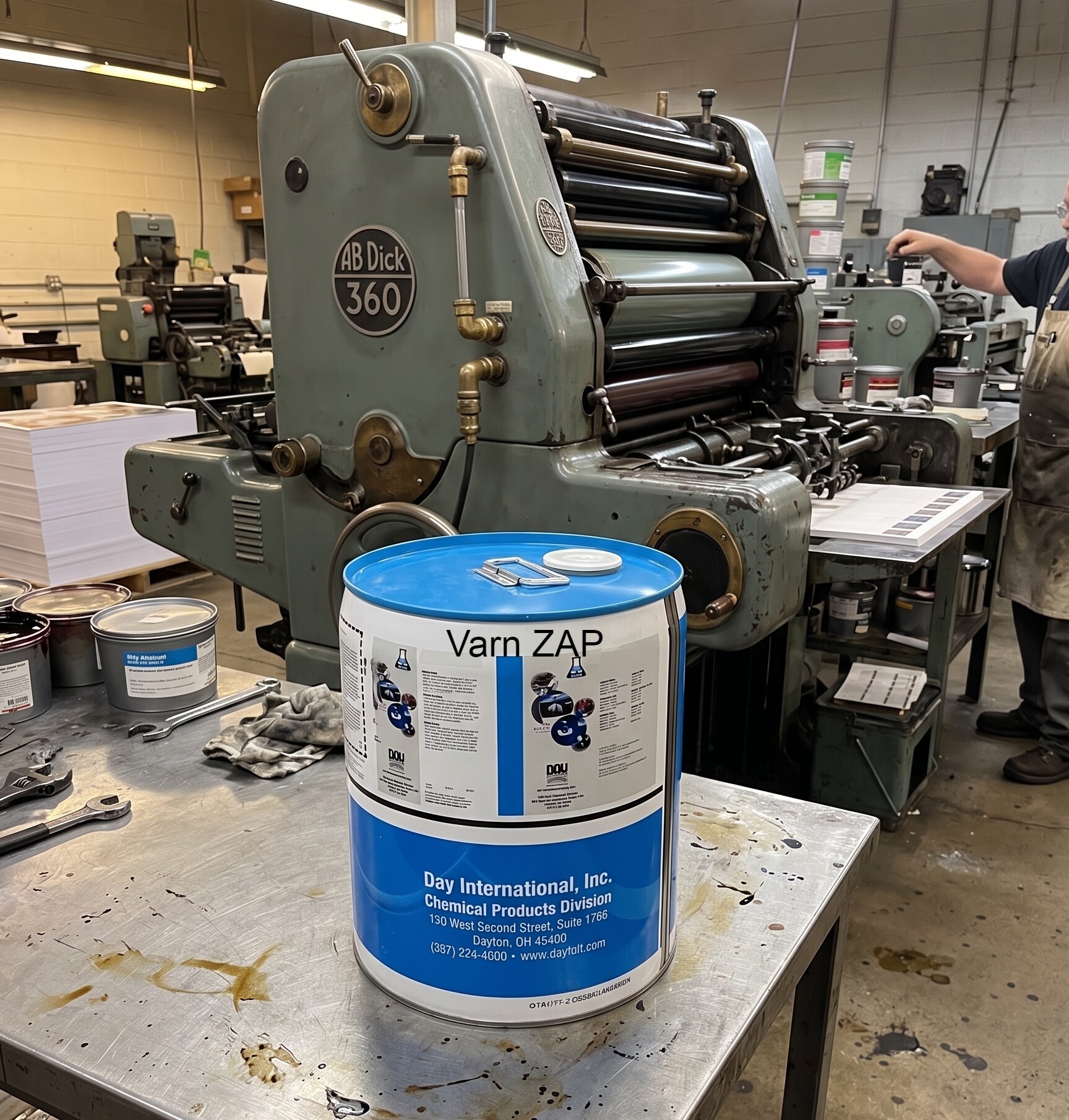 varn zap metering roller cleaner in 5 galloon pail on table in offset pressroom