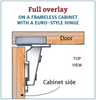 Clip on, Nickel finish, full overlay 110-Degree Cabinet Hinge with M8 dowels