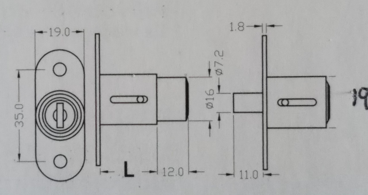 Nickel plated Push plunger lock for sliding glass doors, 30mm cylinder length