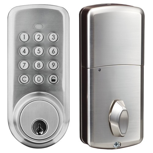 Push button keypad residential deadbolt lock with key backup in satin finish