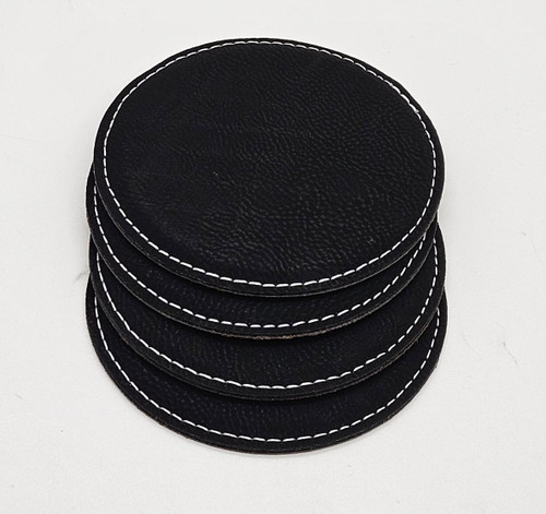 4" Round Black/Silver Leatherette Coaster
