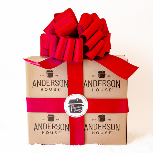 All four Seasonal Souper Club boxes stacked together with a big ribbon bow