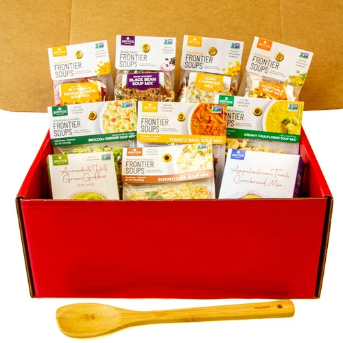 Close-up of Vegetarian Soups Gift Box contents, highlighting individual soup mixes and cornbread mix with detailed packaging and ingredients