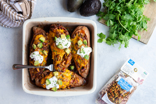 Cheesy Chili Stuffed Sweet Potatoes Using Michigan Ski Country Chili