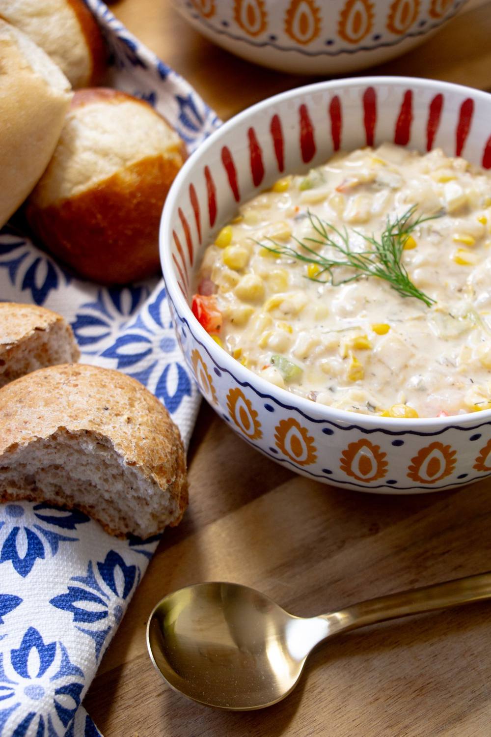 Frontier Soups corn chowder served with fresh bread