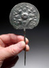 BEST OF THE COLLECTION - RARE ANCIENT IRANIAN LURISTAN SILVERED BRONZE DISK-HEADED PIN WITH CHASED ELABORATE DESIGNS  *LUR361